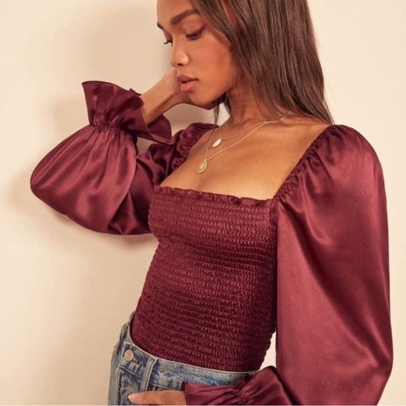 Reformation Chamomile Puff Sleeved Silk Satin Top Blouse Plum Burgundy Size XS - Picture 4 of 13